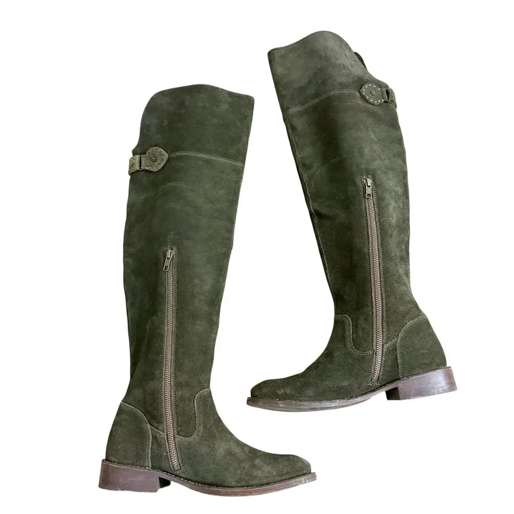 Frye Moss Green Suede Over the Knee Boots Women's Size 7 EUC Pull On/Side Zip